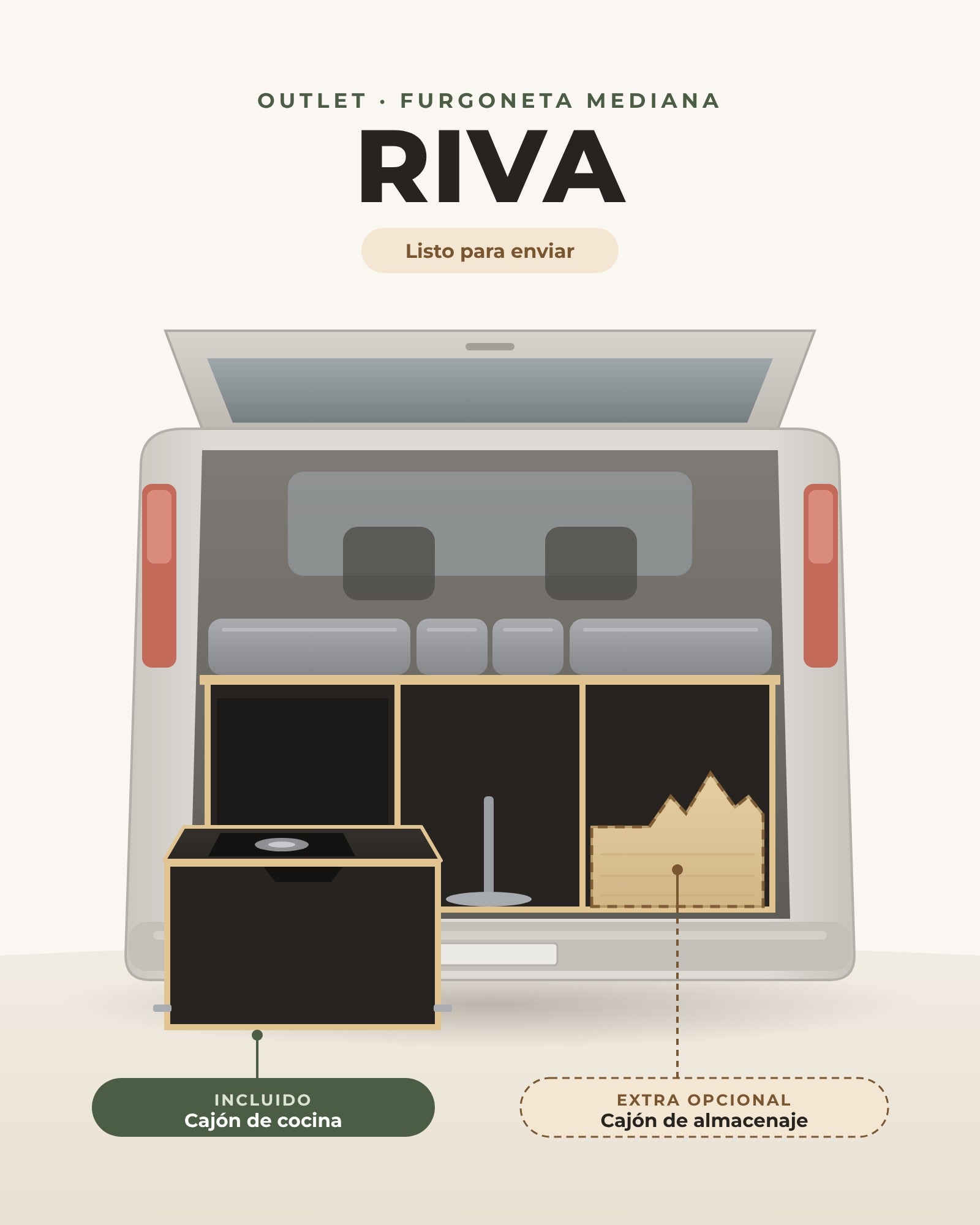Kit camper RIVA mediana Outlet: cajón de cocina incluido, cajón de almacenaje opcional